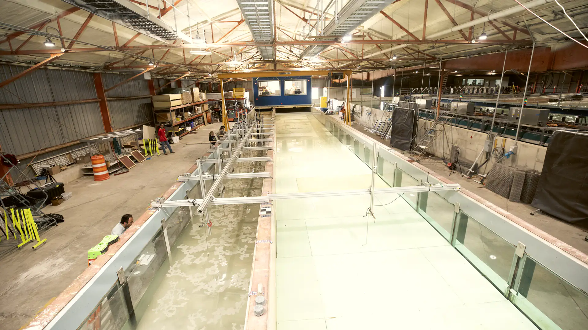 Water rushing through a large flood test channel